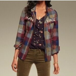 Cabi Women's Multicolored Plaid Pearl Embellished Shirt Jacket Size M